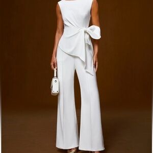 Chic White Wide Leg Jumpsuit with Off-Shoulder Bow